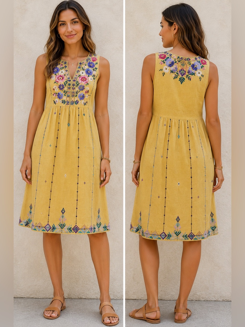 Johnny Was Linen Embroidered Sleeveless Shift Dress Yellow Floral Boho XS